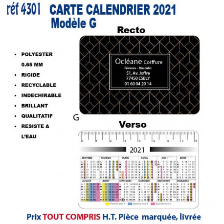 CARTE CALENDRIER 2021 REF 4301 4301 Accueil  0,39 €