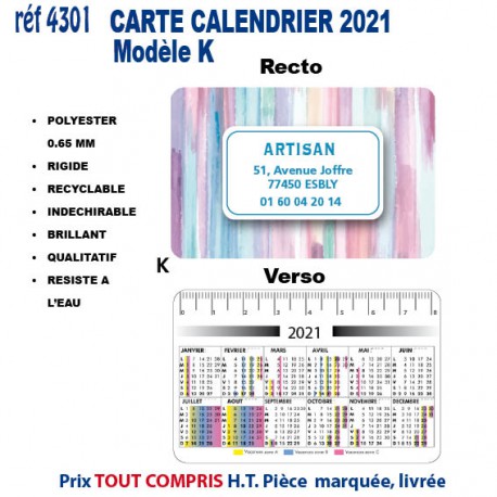 CARTE CALENDRIER 2021 REF 4301 4301 Accueil  0,39 €